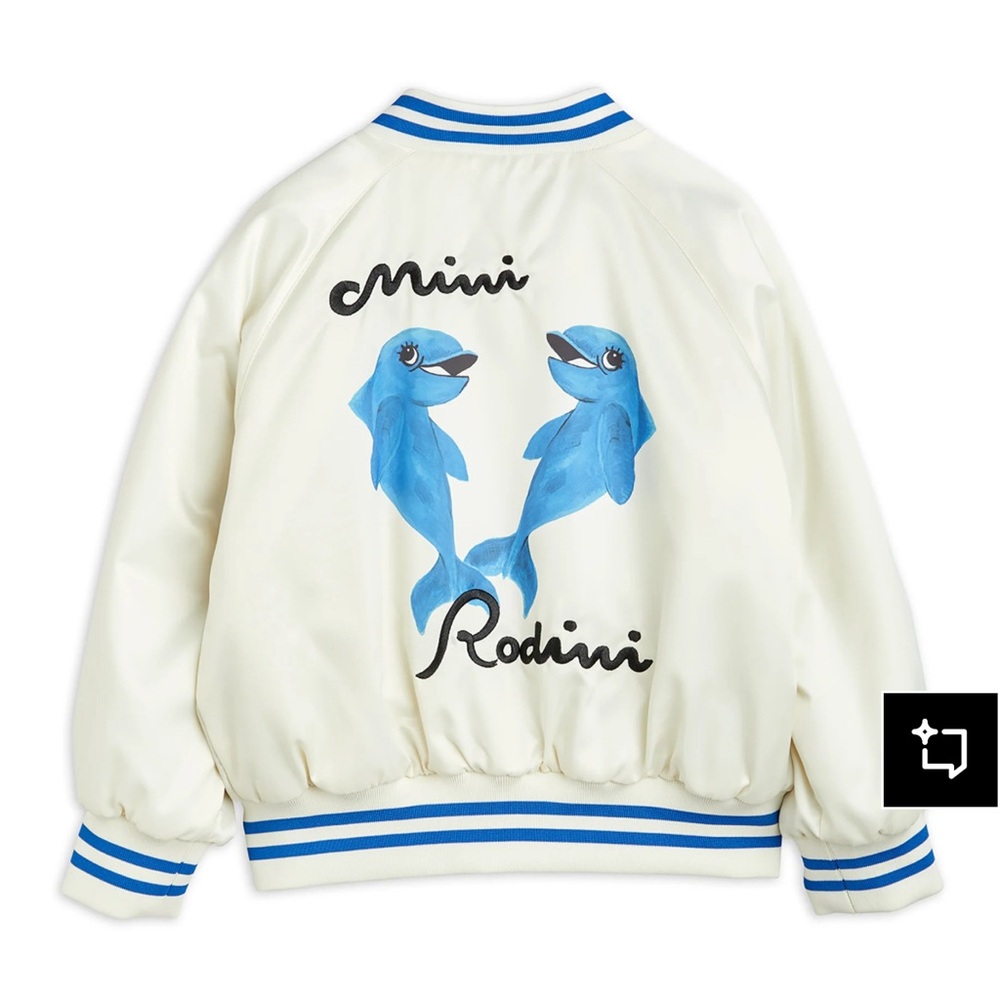 Mini Rodini Cream Bomber Jacket with Blue Dolphin Print
